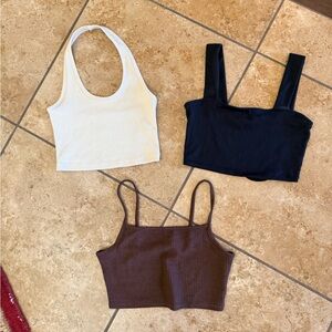 THREE (3)- DIVIDED Ribbed Crop Tops - Cream (halter), Brown, Black